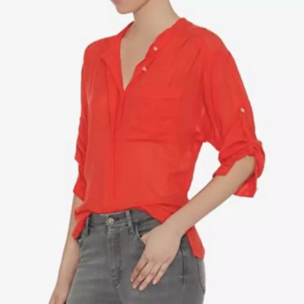 NSF Layla Gauze Bright Coral Button Tab Blouse